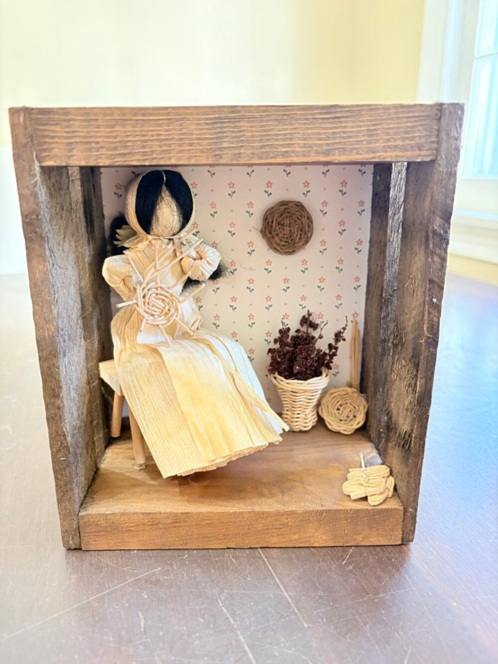 Vintage Cornhusk Doll Shadow Box Diorama Rustic Wooden Crate Folk Art